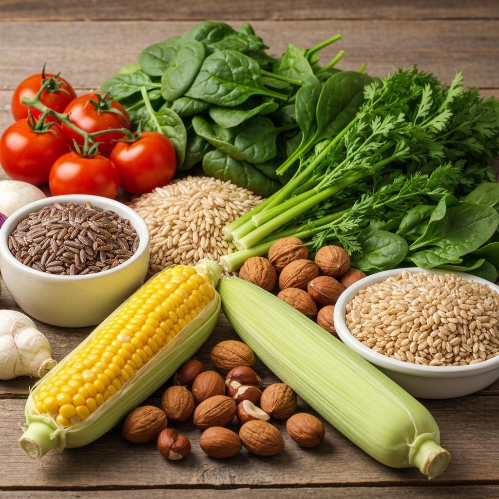 Colorful arrangement of vegetables, whole grains, and nuts